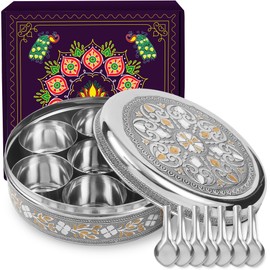 KSJONE Designer Spice Box, 7 Spice Jars, Holds 7 Spices, Steel Spice Container with 7 Spoons, Storage for Spices and dryfruits Indian Masala Dabba Gifts for Women, Mothers Day Gifts for Mom (8 Inch)
