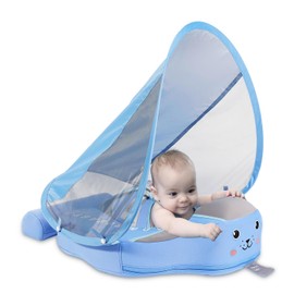 Mambobaby Baby Pool Float with Canopy, Non-Inflatable Infant Swimming Float, Soft Waterproof Skin-Friendly Material, Solid Avoid Flip Floatie with Tail, UPF 50+ Bathtub Swim Ring for 3-24 Months Kids