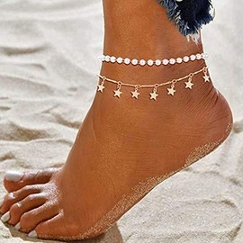 Wedity Tassel Star Anklets Pearl Ankle Bracelets Beaded Summer Accessories Beach Foot Jewelry Adjustable for Women and Girls