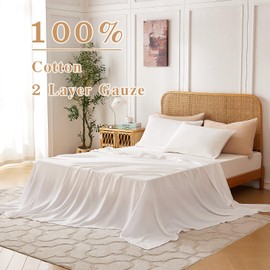 LUTBM King Sheet Set 100% Cotton Bed Sheets 4 Pcs Gauze White King Sheets - 16" Deep Pocket Sheet & Pillowcase Sets Boho Muslin Sheets King Size Soft All Season Bedding