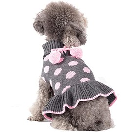 KYEESE Dog Sweaters with Leash Hole Small Turtleneck Dog Sweater Dress Polka Dot Knit Warm Dog Clothes with Pom Pom Ball