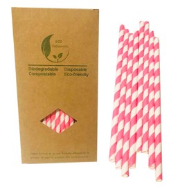Bright Pink Straws Paper Straws, Biodegradable Pink Striped Drinking Straws Bulk, Pink and White Straws for Cocktail, Party and Restaurant (100Pack, 6 x 197mm Size)