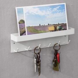 MyGift 6-Hook Wall Mounted White Metal Key Holder with Top Shelf