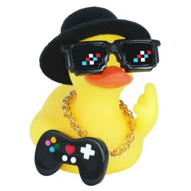 Funny Mini Rubber Ducks with Fleece Flat Cap, Gold Necklace, Mosaic Sunglasses & Mini Game Controller - Dashboard Duck Decor for Car, Home & Office - Cool Rubber Ducks Funny Gift for Adults, Friends