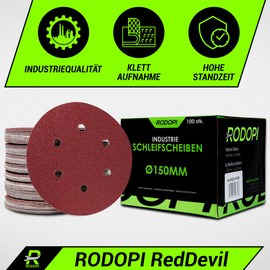 RODOPI RedDevil Sandpaper 150 mm Velcro Sanding Discs Grit 40-320 Sanding Pads for Random Orbital Sanders 6 Holes Velcro Disc Zirconia Corundum - Pack of 50 K40