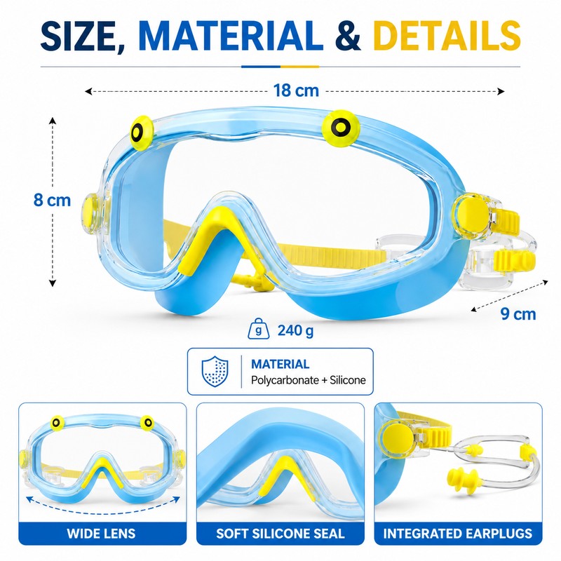 Kids Swim Goggles with Earplugs – Big Frame Anti-Fog No-Leak