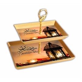Ramadan and Eid Mubarak Two Tier Fancy Food Serving Tray Sets Ramadan Table Decor Dessert Pastry Party Serving Tray for Fruits Dates (Rect) 8" x6” | 11"x7"