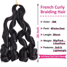 Unionbeauty Black French Curly Braiding Hair 26 Inch French Curls Box Braids with Curly Ends 8 Packs French Curl Braids Bouncy Braiding Hair Spanish Curly Braiding Hair for Black Women 1B#
