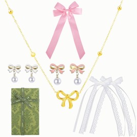 TT·SSTIE Coquette Bows Jewelry Set, 1 Bow Necklace, 2 Pairs of Pearl Bow Earrings, 1Pink and 2White Lace Bows Hair Clip for Women, Coquette Accessories Trendy Gifts Coquette Stuff, Christmas Gifts