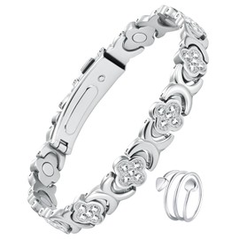 Jecanori Women's Magnetic Bracelet - Titanium Steel with 3800 Gauss Magnets - Adjustable Length Wristband, Comes in Gift Box, Clover-Silver