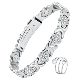 Jecanori Women's Magnetic Bracelet - Titanium Steel with 3800 Gauss Magnets - Adjustable Length Wristband, Comes in Gift Box, Clover-Silver