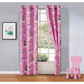 Kids Zone Home Linen Juego de cortinas de 2 paneles con ojales para niños, niñas, adolescentes, recámara, juego multicolor (unicornio arcoíris castillo nubes rosa púrpura blanco)