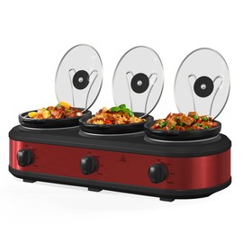 Triple Slow Cooker, 3 x 1.5 QT Portable Small Dual Crock Cooker, Buffet Servers and Warmers Dishwasher Safe, Removable Ceramic Pot Glass Lid, Stainless Steel, Red