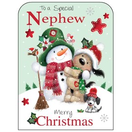 Nephew Christmas Card - Special Nephew - Dog and Snowman - Festive Design - Special Finishes and Illustrated Insert Leaf - Made in the UK