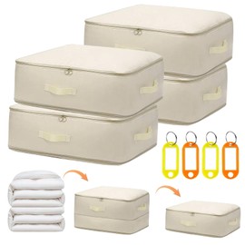 4 Pack Ultra Space Saving Self Compression Organizer Comforter Storage Bag with Zipper Washable Compression Storage Bags with 4 Labels for Bedding Clothes Blankets Pillows Duvet Comforters - L Beige