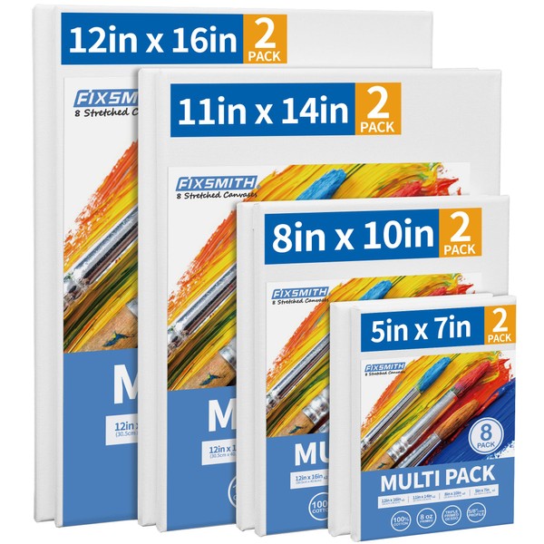 FIXSMITH Stretched Canvas, Multipack of 8, 5x7, 8x10, 11x14 & 12x16 Inches - 2 of Each, 100% Cotton, 8 oz Gesso-Primed, Art Supplies for Acrylic and Oil Painting.