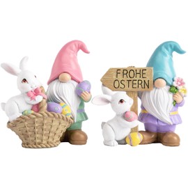 VALERY MADELYN Pack of 2 Mini Garden Gnomes, Easter Bunnies for Easter Decoration, Modern with Easter Eggs, Spring Decoration, Garden Decoration Figures for Outdoors, Table Decoration, Easter Gifts,