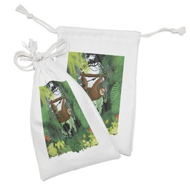 Ambesonne Sloth Fabric Pouch Set of 2, Vibrant Exotic Rainforest Various Plants and Animal Hanging on a Tree Wildlife, Small Drawstring Bag for Toiletries Masks and Favors, 9" x 6", Green Brown