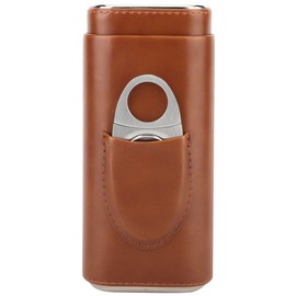 Cigar Case with Cutter and Gift Box, Cigar Travel Case for Men, 3-Finger Leather Cigar Carrying Bag, Wood Lined Cigar Humidor Case for (Brown)