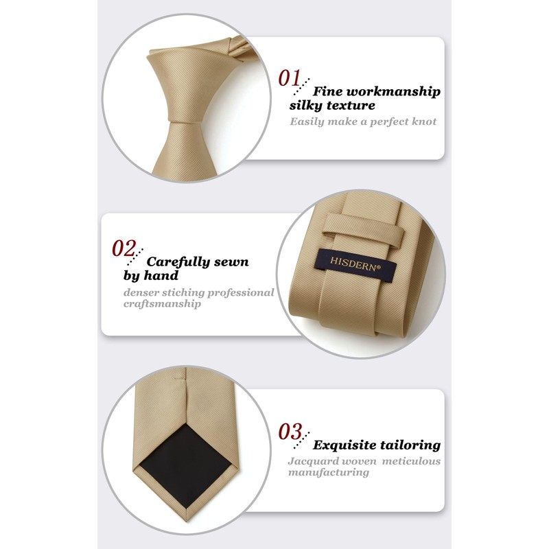 HISDERN Men's Wedding Ties and Pocket Square Solid Tie Cufflinks