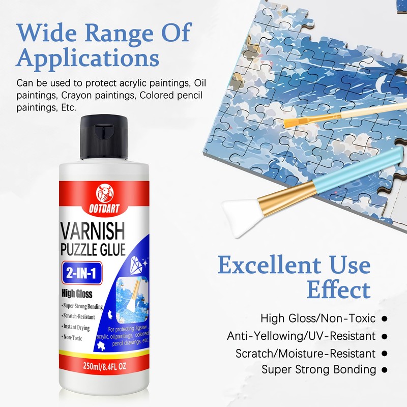OOTDART 2-in-1 Varnish Puzzle Glue, 250ml Clear Gloss Glue for