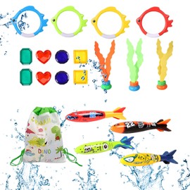 Diving Toy Set, 19 Pieces Diving Toy, Underwater, Water Toy Children, with Torpedoes, Gemstones, Algae, Diving Rings, Storage Bag, for Underwater Play and Diving Training of Children