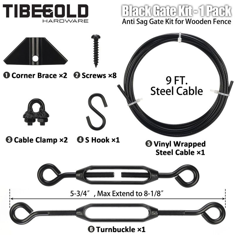 TIBEGOLD Anti Sag Gate Kit for Wooden Fence, Black Gate