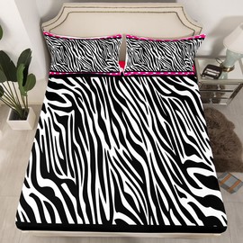 Kids Zebra Print Fitted Sheet Wild Animal Bed Sheet Set for Boys Girls Teens Bedroom Decor Wildlife Polka Dots Bedding Set Set Women Men Pink Black White Bed Cover With 2 Pillow Case Double
