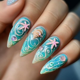 Ocean Press on Nails Medium Almond Fake Nails with Starfish Shell Design Blue Green Beach Glue on Nails Glossy Rhinestone False Nails Reusable Summer Stick on Nails for Women Girls Manicure 24Pcs