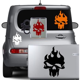 Flaming Skull Vinyl Decal Design #5 Self Adhesive Cranium Braincase Brainpan Pericranium Death's Head (Black, 2.1" x 3")