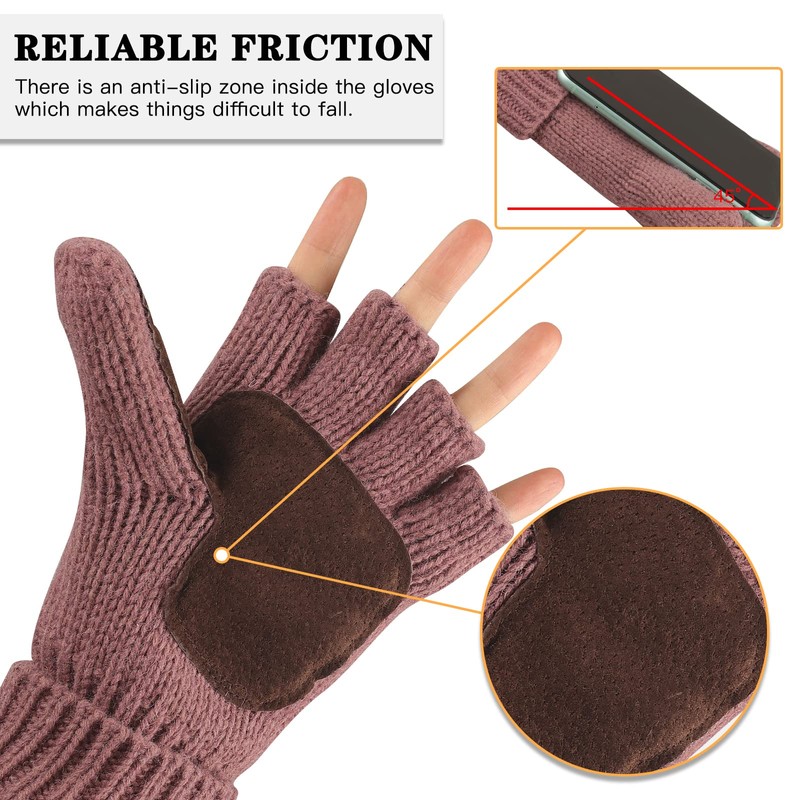 OMECHY Winter Wool Knitted Fingerless Gloves Thermal Insulation Warm Convertible