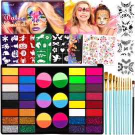 MKAKYES Truccabimbi Kit, 44 Colori Truccabimbi Kit Anallergici Atossici, Trucca Bimbi con 11 Pennelli, 36 Stampini, 2 Stencil a Diamante, per Halloween Carnevale Natale Party