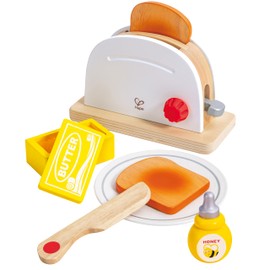 Hape White Wooden Pop-Up Toaster Set Pretend Play Breakfast Accessories for Preschoolers
