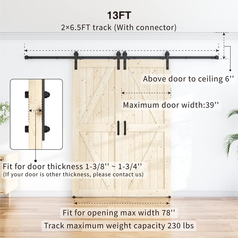 WINSOON 13FT Antique Double Sliding Barn Door Hardware Roller Track