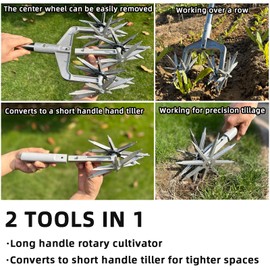 KLDOLLAR Rotary Cultivator, Adjustable Hand Tiller Garden Tool with Detachable Solid Metal Tines for Loosing and Mixing Soil,2-in-1 Manual Tiller Garden Cultivator for Reseeding Grass 58 Inch