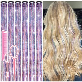 Hair Tinsel Clip in Dreamy Colorful Fairy Hair Tinsel Kit, 12 Pcs 24 Inch Glitter Clip in Hair Extensions for Girls Women Kids Christmas New Year Festival Party (Dreamy Colorful)