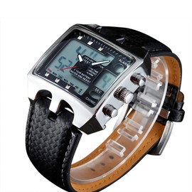 ShoppeWatch Mens Referee Sports Watch Big Square Face LED Dual Time Analog Digital Light Up Dial Stopwatch Leather Band Reloj Deportivo para Hombre Cronometros Wacht OH-111