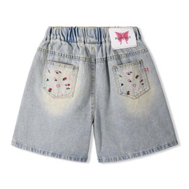 Rolanko Girls' Jeans Shorts, Elastic Waistband, Summer Ripped Hot Short Jeans with Pockets for Children, Embroidery floral, 13-14 years