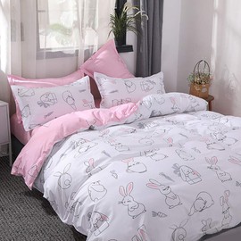 choicehot Duvet Cover Bedding Set Double - Rabbit Pink Duvet Cover Hares Cartoon Pattern Kids Quilt Cover for Girl, Breathable, Soft