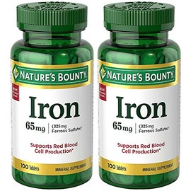 Iron 65 mg (325 mg Ferrous Sulfate), 2 Bottles (100 Count)