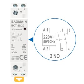 Baomain Normally Open AC Contactor 220VAC 20A 2 Pole 2NO Universal Circuit Control 35mm DIN Rail Mount CE Listed BCT-20/20 (20 Amp.)