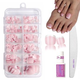 Pink French False Toenails Set - 120PCS False Toe Nails with Glue - French Tip Long Lasting Stick on Toenails - Acrylic Press on Nails Glossy Full Cover Home DIY Easy Apply & Remove
