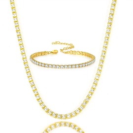 XUN Zhe Rhinestone Necklace Bracelet Jewelry Set for Women Sparkly Crystal Cubic Zirconia Chain Choker Necklace Brides Bridesmaid Prom Costume Accessorie (Gold)