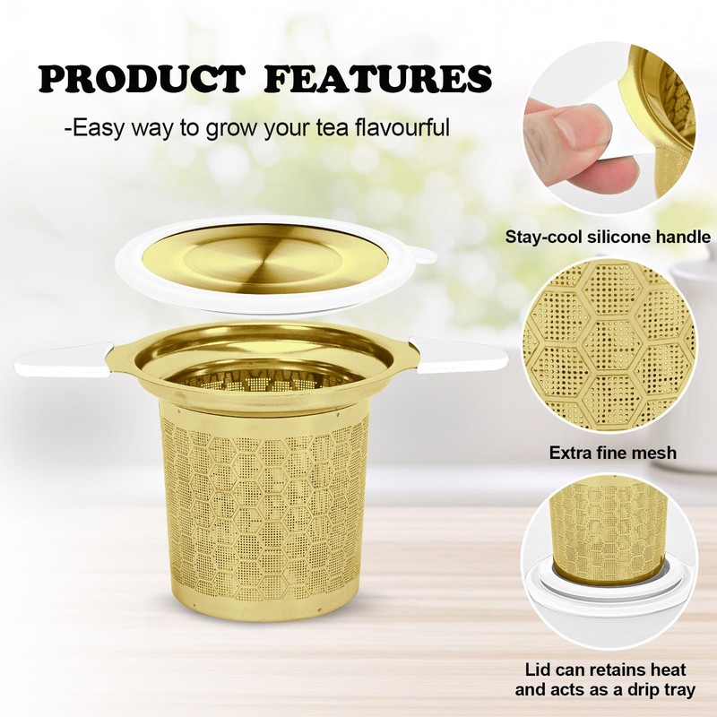 Tea strainer with lid/drip tray, extra fine mesh 304 stainless