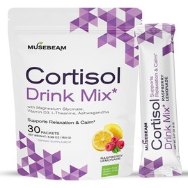 Musebeam Cortisol Calm Drink Powder Mix - Calming Stress Support Packets for Women Men with Ashwagandha Magnesium Glycinate - Relaxing Raspberry Lemon