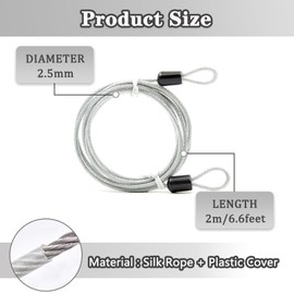 PUSNMI Security Cable Lock, 6.6ft x 2.5mm Steel, Stainless Steel Wire Rope with Double Loop - Silver