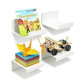 PerYoLyf 4 Pack Magnetic Book Shelf for Whiteboard, 4 * 4 Inch Extra-Wide Reusable Acrylic Magnetic Shelves, Floating Display Shelf for Classroom, Office, Kitchen, Kids Room (White)