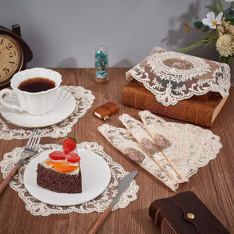 BENECREAT レースプレイスマット 6枚26.6ｘ21.4cm ヴィンテージ レースカップコースター ドイリーマット 花柄刺繍 花瓶敷き 滑り止め テーブルマット
