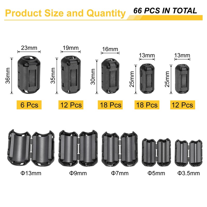 QUARKZMAN 66 Pieces 5 Sizes Clip-on Ferrite Ring Core, Ferrite