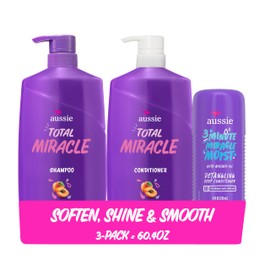 Aussie Total Miracle Hair Care Bundle: Shampoo, Conditioner, and 3 Minute Deep Treatment with Apricot & Macadamia Oil, Paraben-Free for Damaged Hair, 26.2 & 8 Fl Oz
